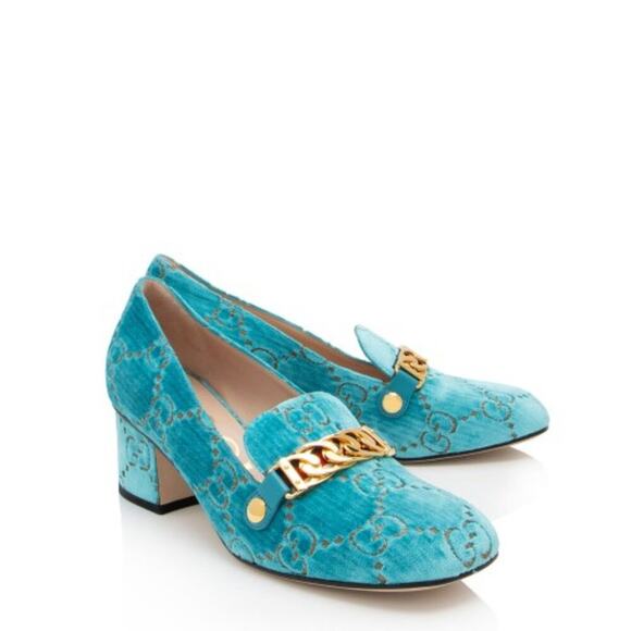 NEW! GUCCI Shoes Velvet Gg Sylvie Chain Detail Mid-Heel Square loafers 9… - Picture 7 of 16